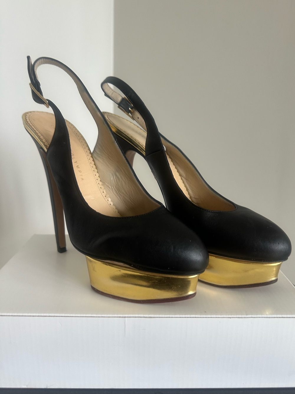 Charlotte Olympia Black Leather Gold Platform Slingback Heels EU 41